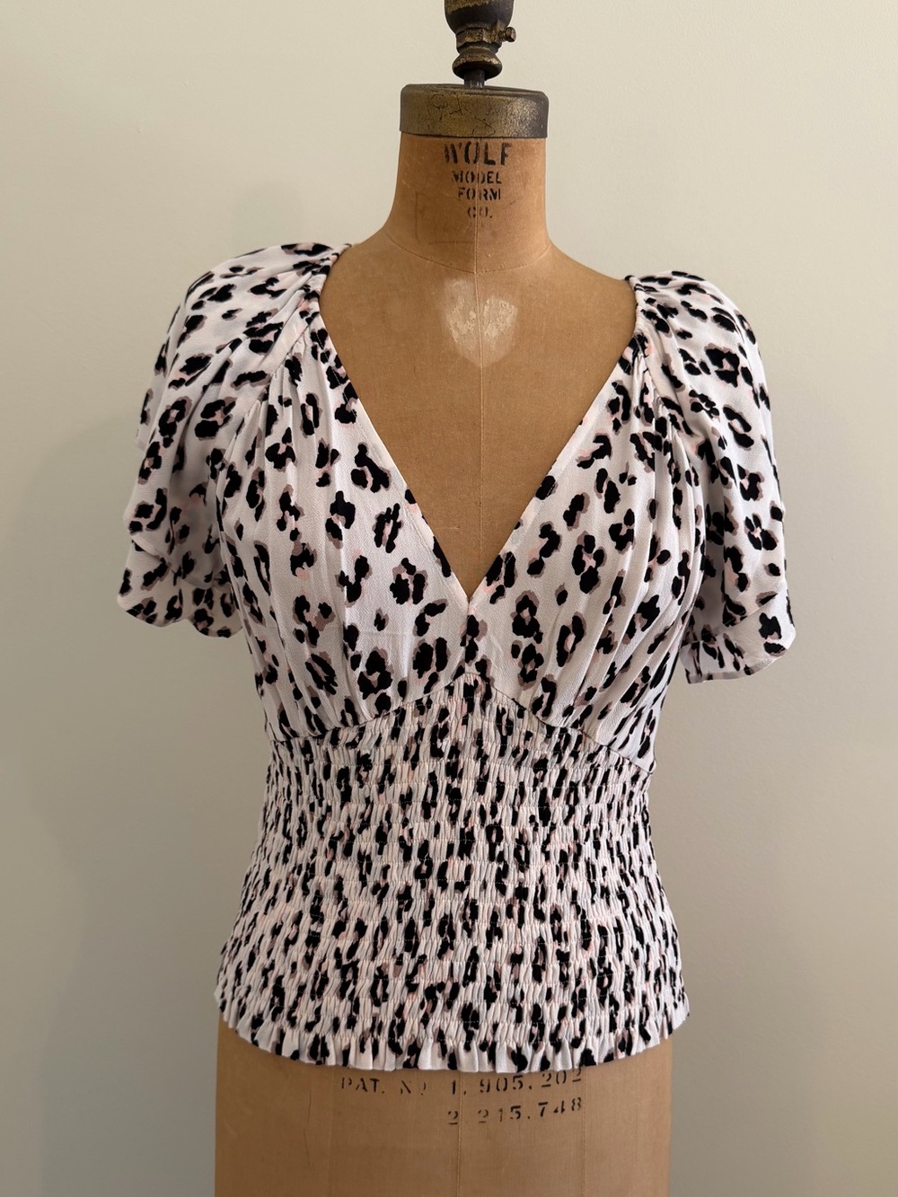 Women's Cream, Pink and black Leopard Print Smocked V-Neck Top